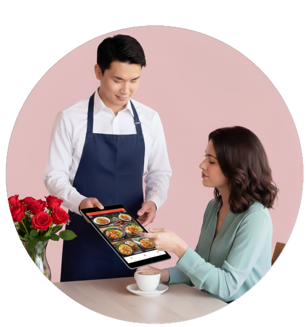 พนักงานกำลังนำเสนอเมนูดิจิทัลให้ลูกค้าในร้านอาหาร